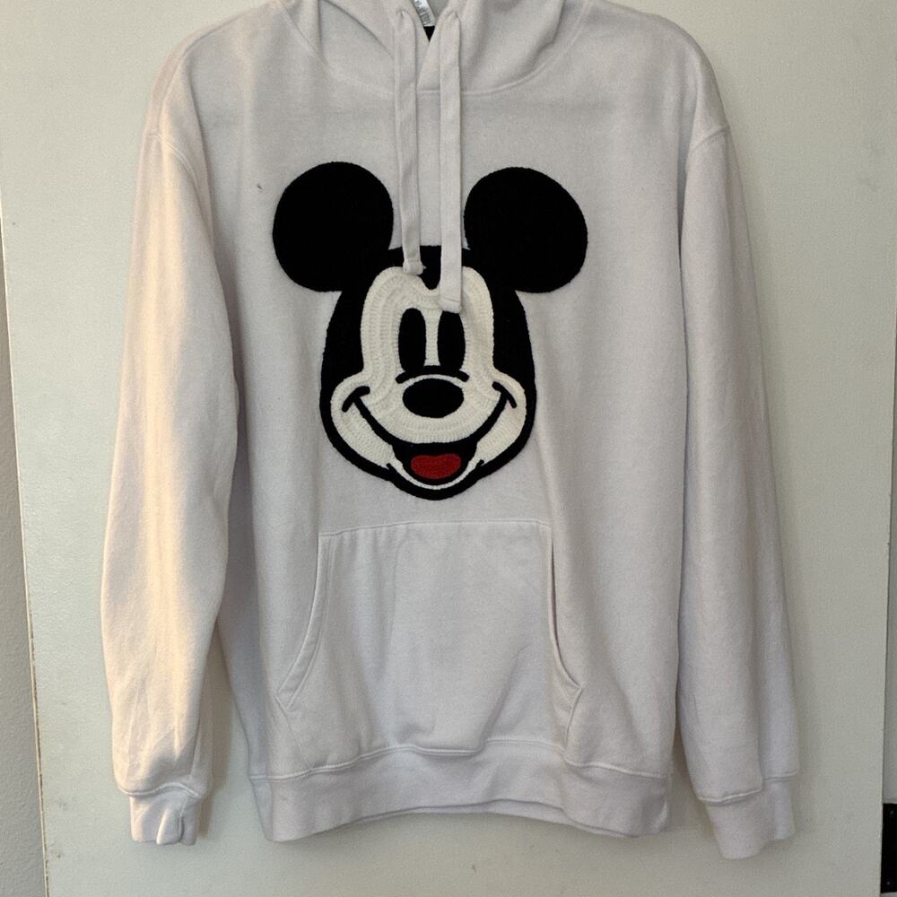Disney Mickey Mouse Hoodie White Chenille Boucle Patch Sweatshirt Mens XL